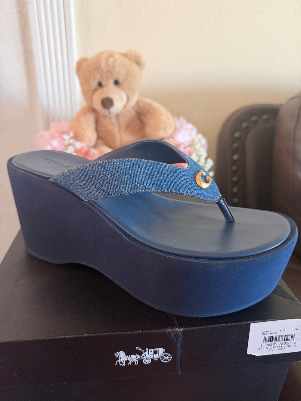 Coach Denim-Trim Navy Platform Wedge Sandals